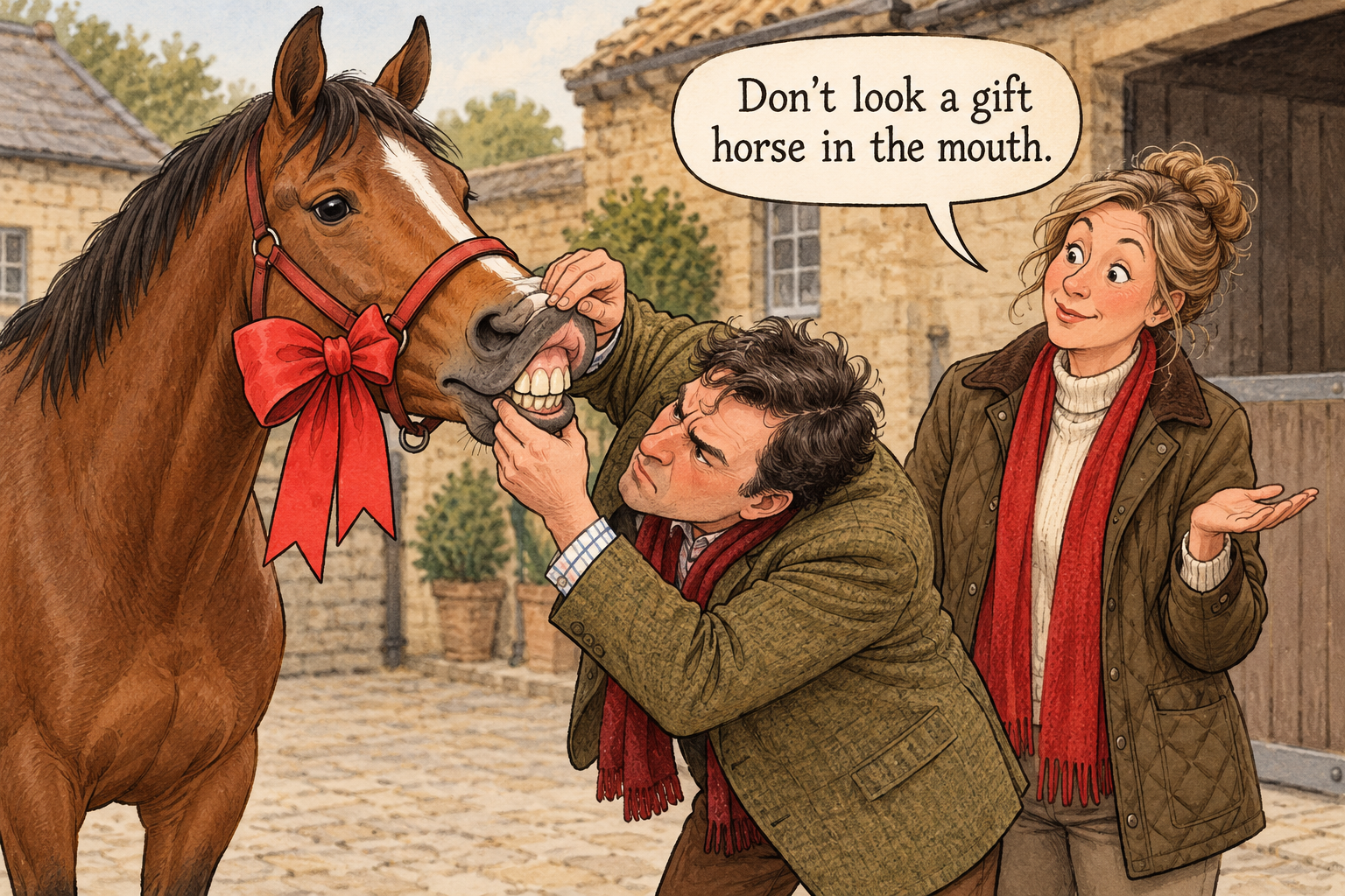 A recipient inspects the teeth of a horse wearing a gift bow. The giver says: Don't look a gift horse in the mouth.