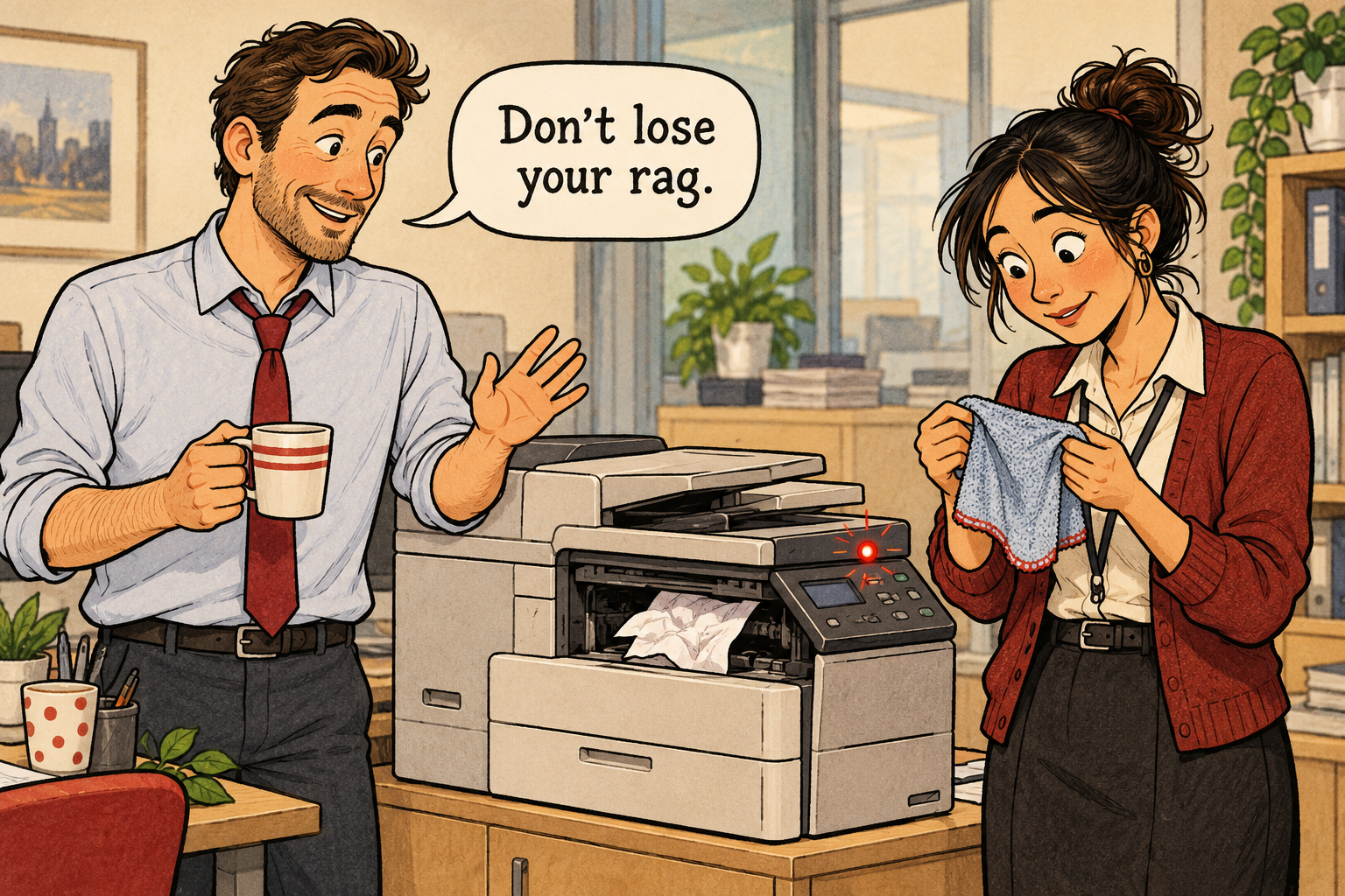 Beside a jammed printer, a colleague says Don't lose your rag. The newcomer looks down at the cleaning cloth in her hands.