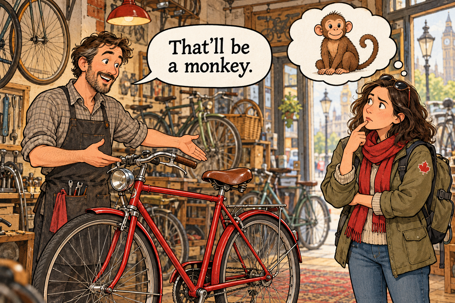 A bicycle seller says That'll be a monkey, while the customer imagines an actual monkey.