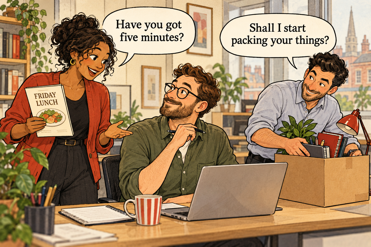 A manager asks for five minutes, while a colleague jokes about packing up the employee’s belongings. The manager is holding a Friday lunch menu.