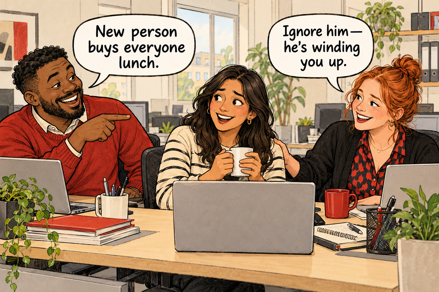 One colleague claims the new person buys everyone lunch; another explains that he is winding the newcomer up.