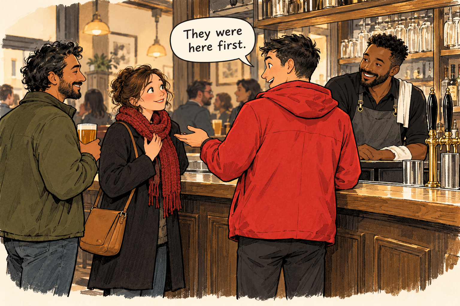 Illustration: a customer at a pub bar gestures to a woman who has been waiting and tells the bartender, They were here first.