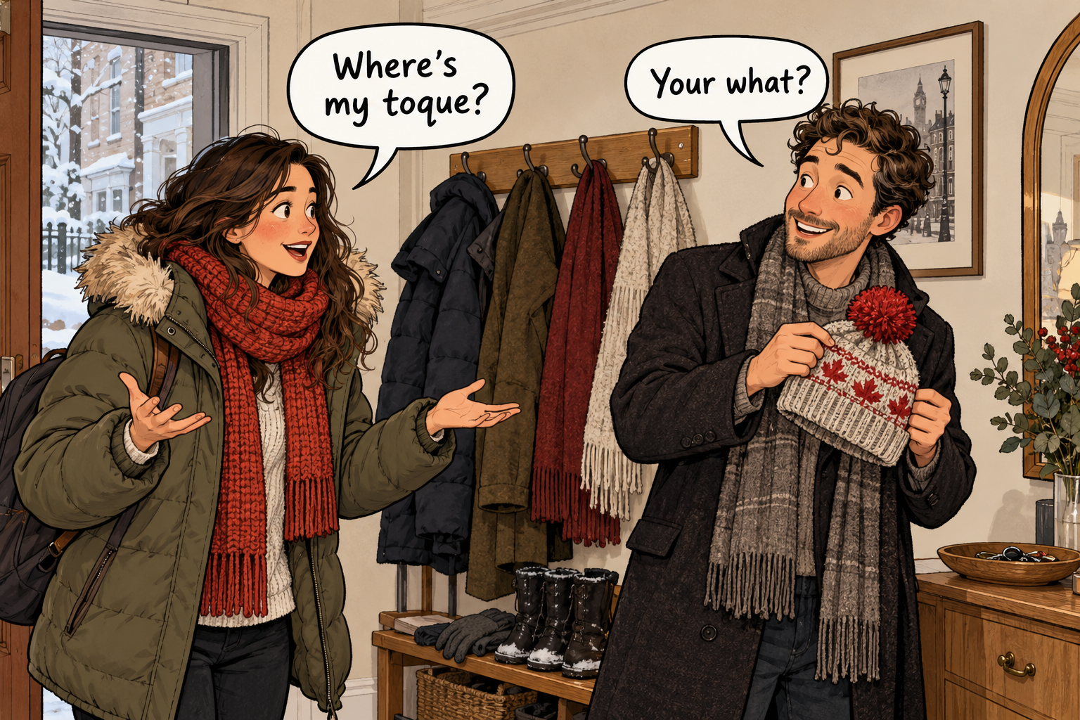 A Canadian asks: Where’s my toque? A friend holding a winter hat replies: Your what?