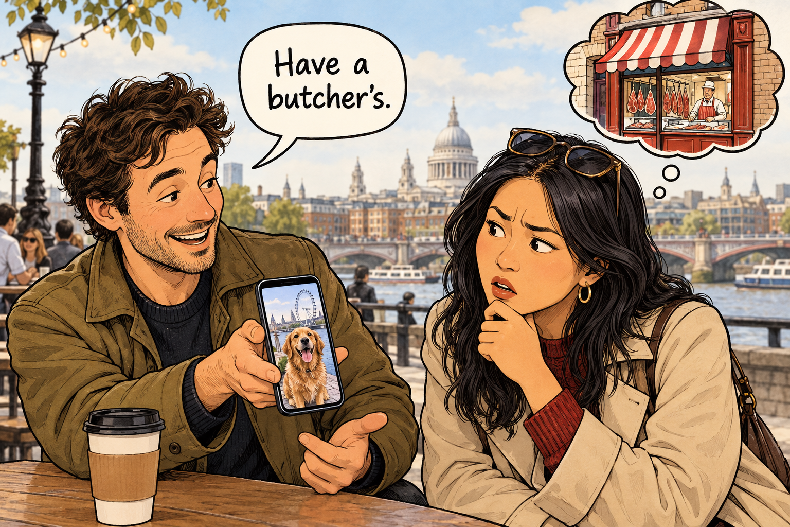 A friend shows a phone and says: Have a butcher’s. The listener imagines a butcher’s shop.