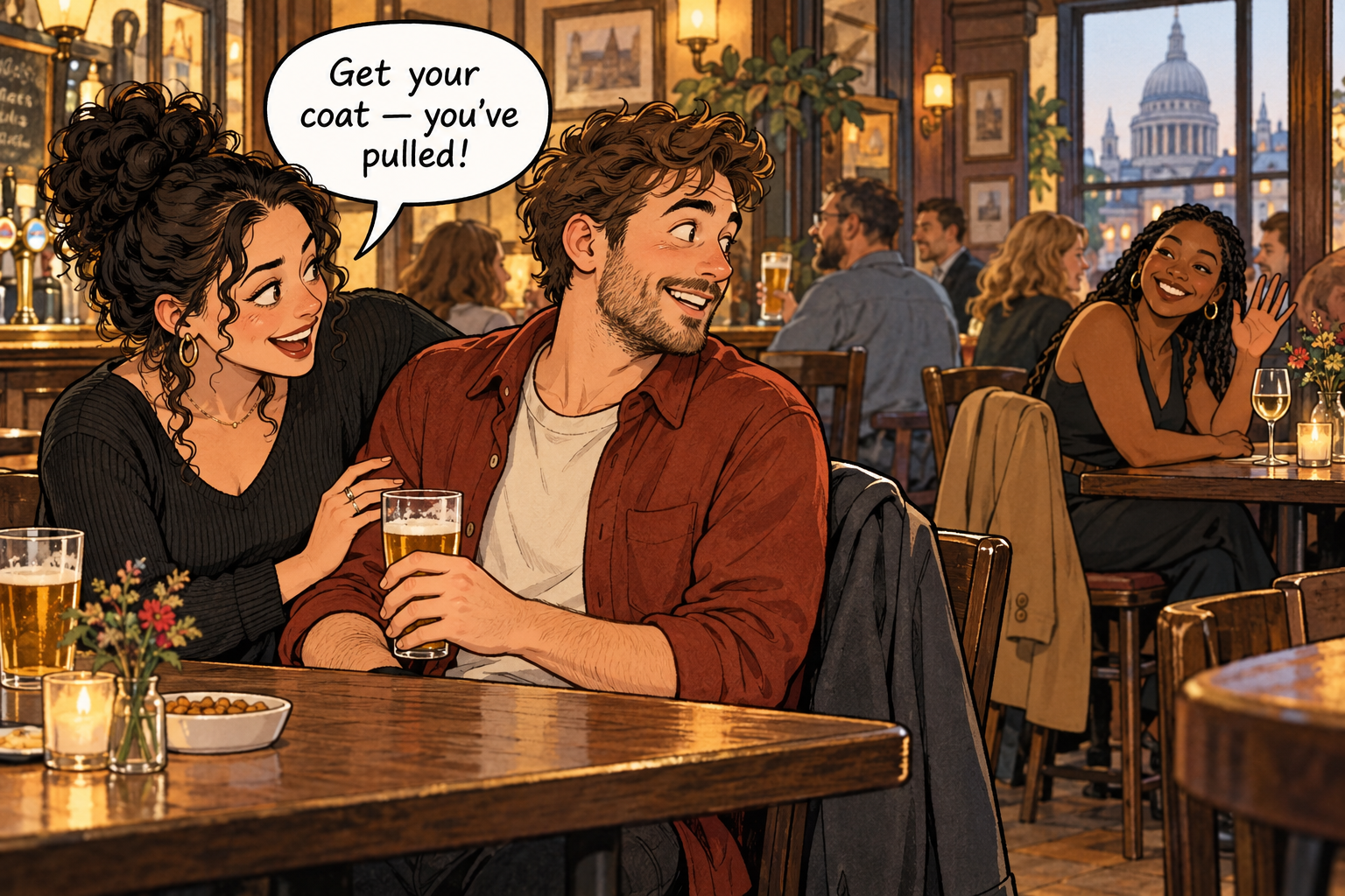 A friend says: Get your coat—you’ve pulled! Someone across the pub smiles and waves.