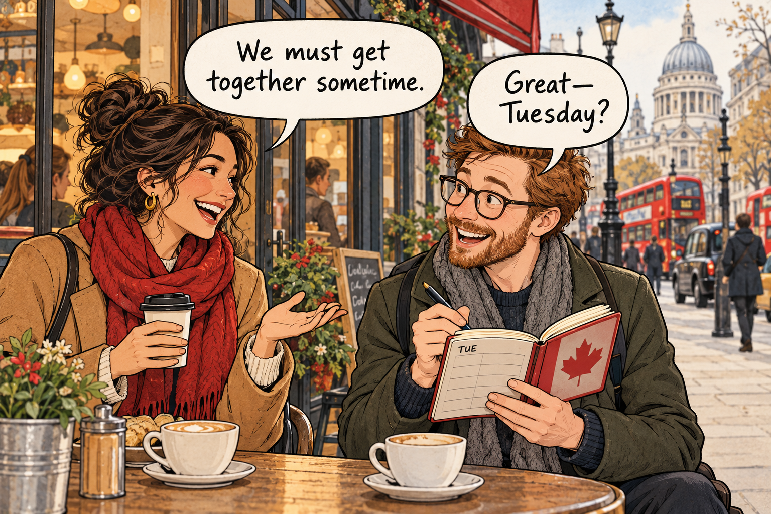 Two friends say: We must get together sometime. Great—Tuesday?