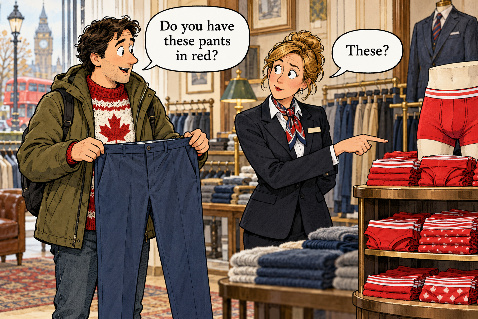 A Canadian asks for pants while holding trousers; a British shop assistant points to underwear.