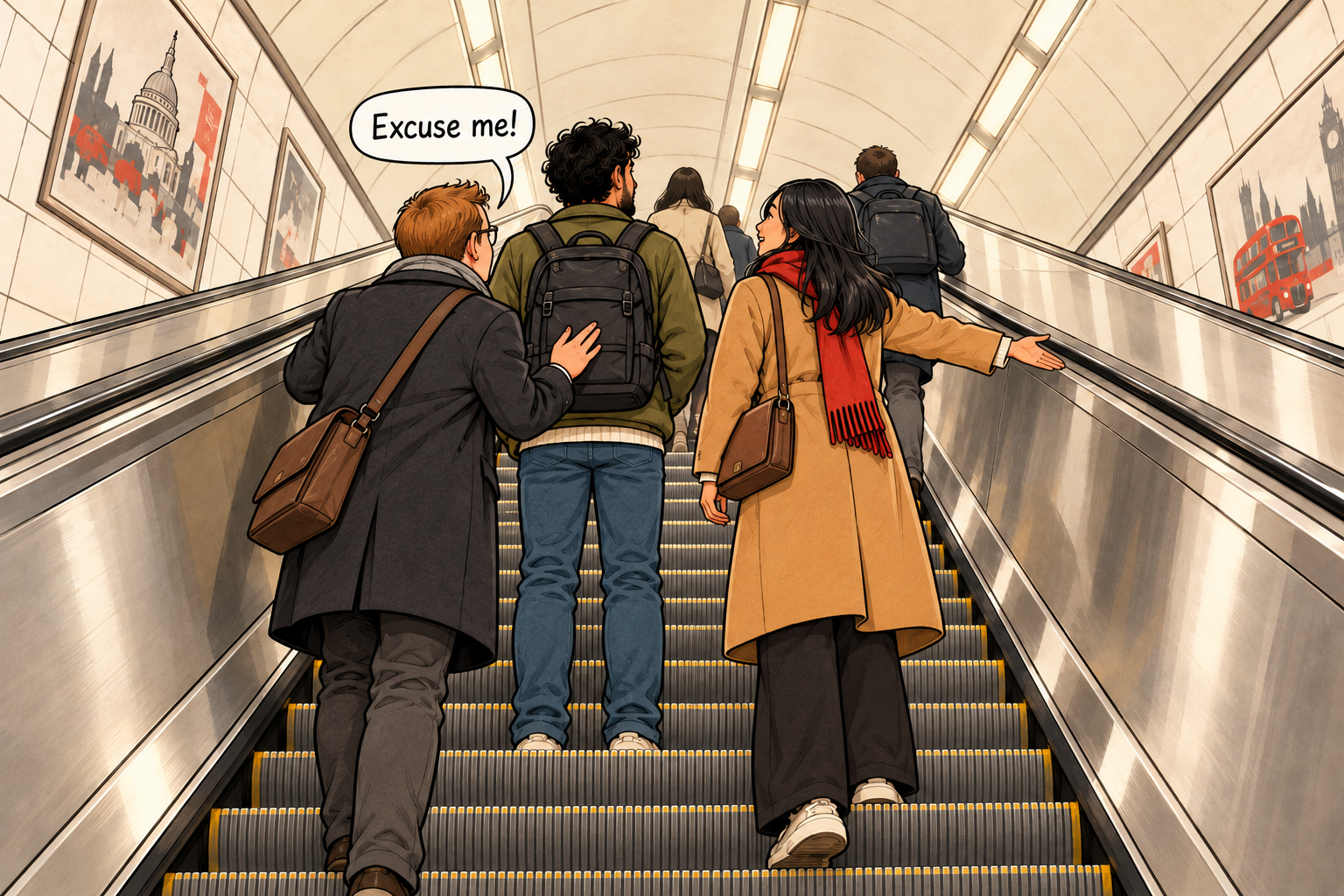 People ascend a Tube escalator. Someone waiting behind a person on the left says Excuse me; a friend gestures to the right.