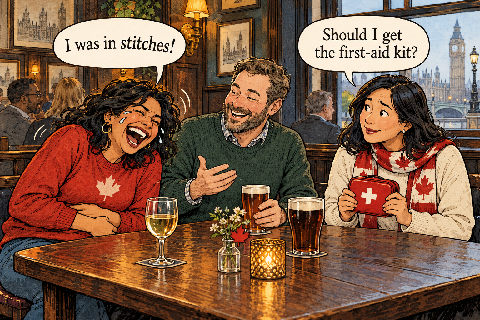 A laughing friend says I was in stitches, while a Canadian offers a first-aid kit.