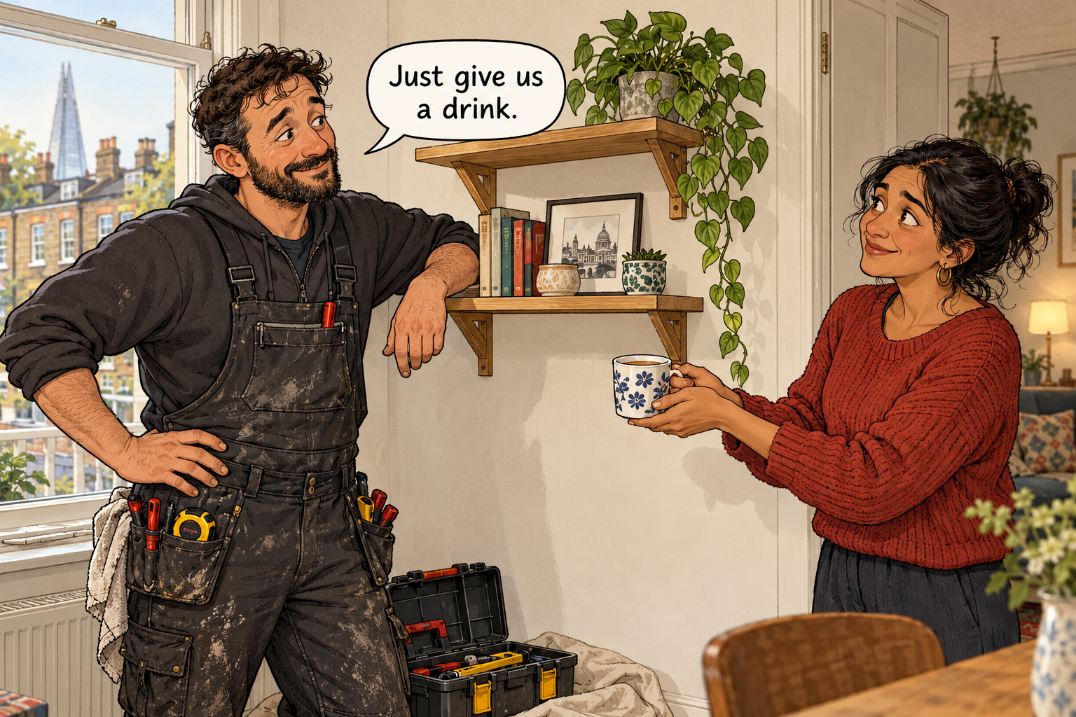 A tradesperson says: Just give us a drink. The customer offers a mug of tea.
