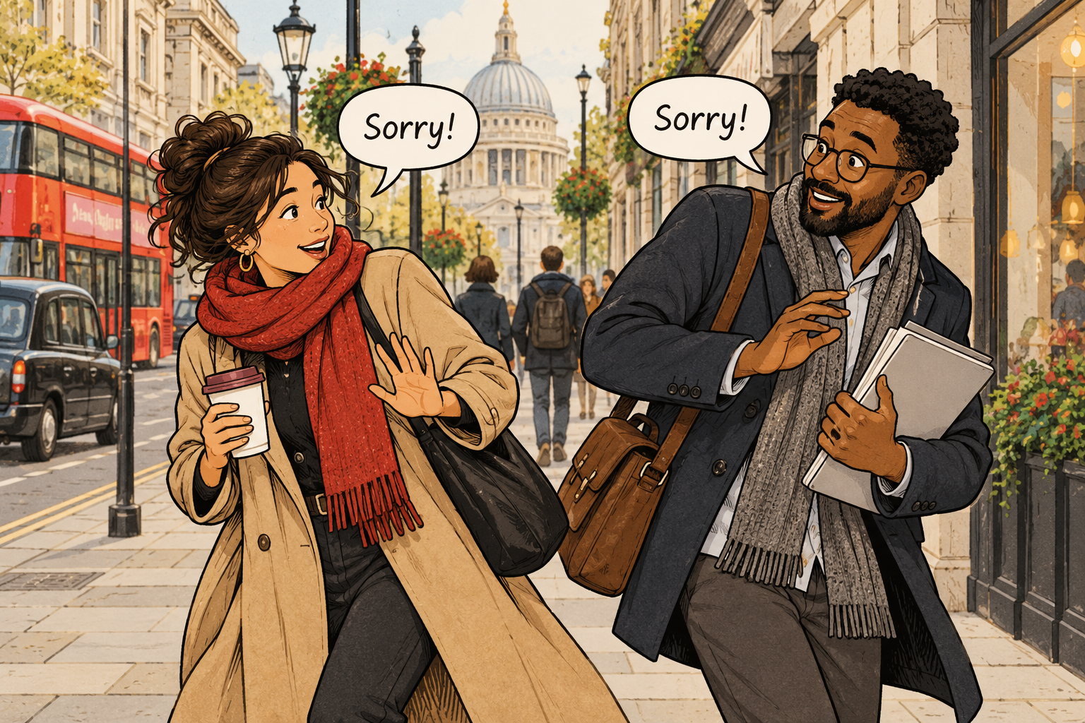 Two pedestrians narrowly miss bumping into each other and both say: Sorry!
